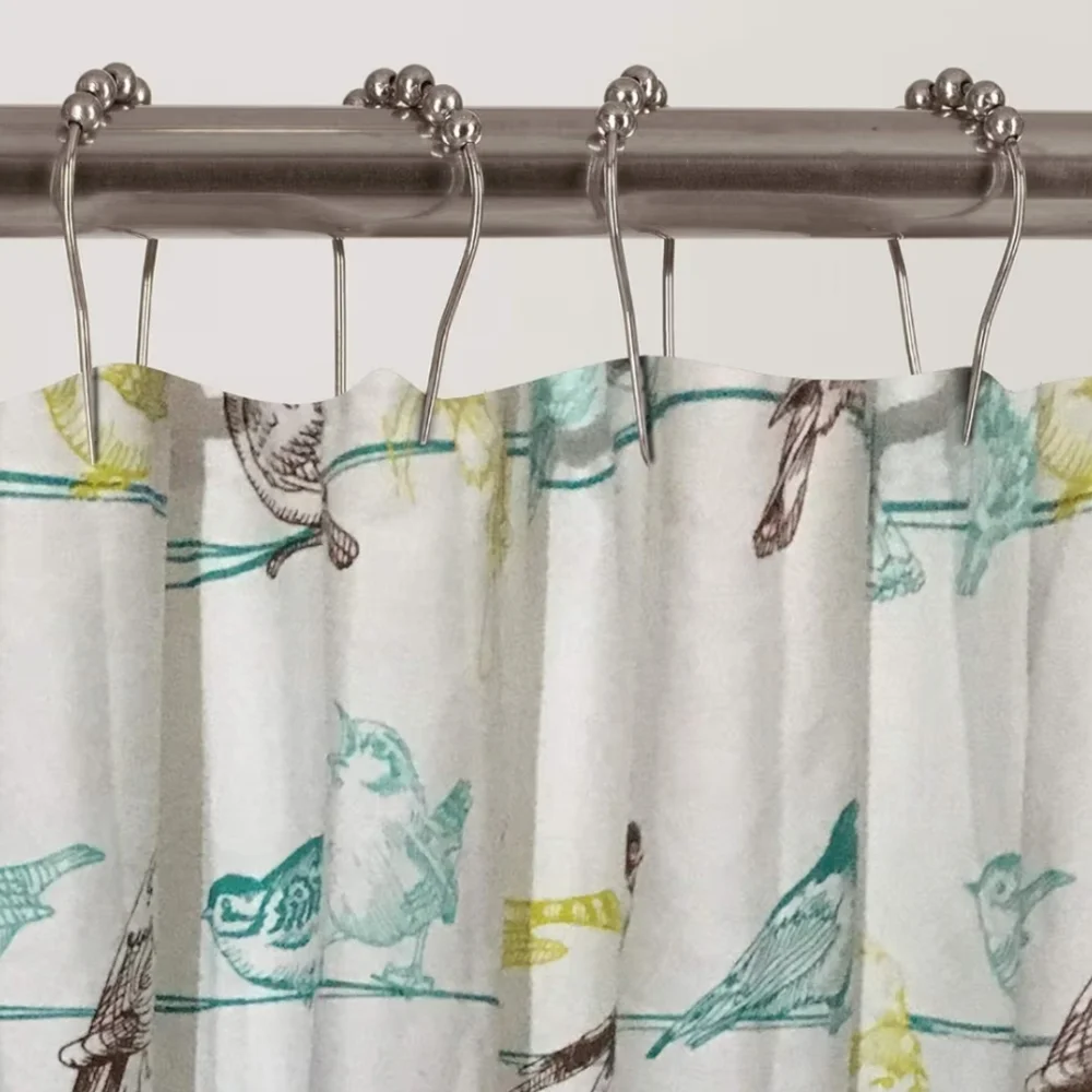 Bird Pattern Shower Curtain - White with Teal & Yellow Accents